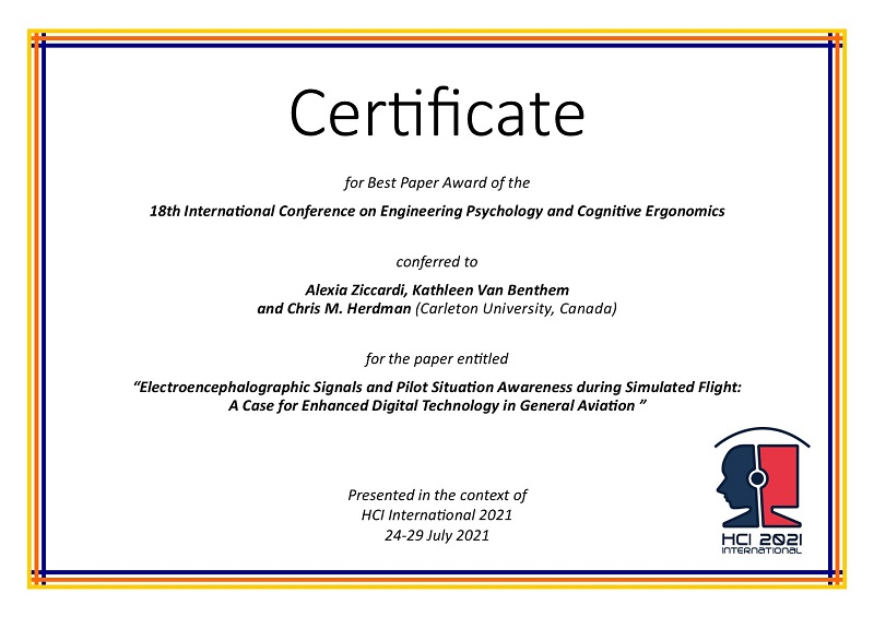 Certificate for best paper award of the 18th International Conference on Engineering Psychology and Cognitive Ergonomics. Details in text following the image