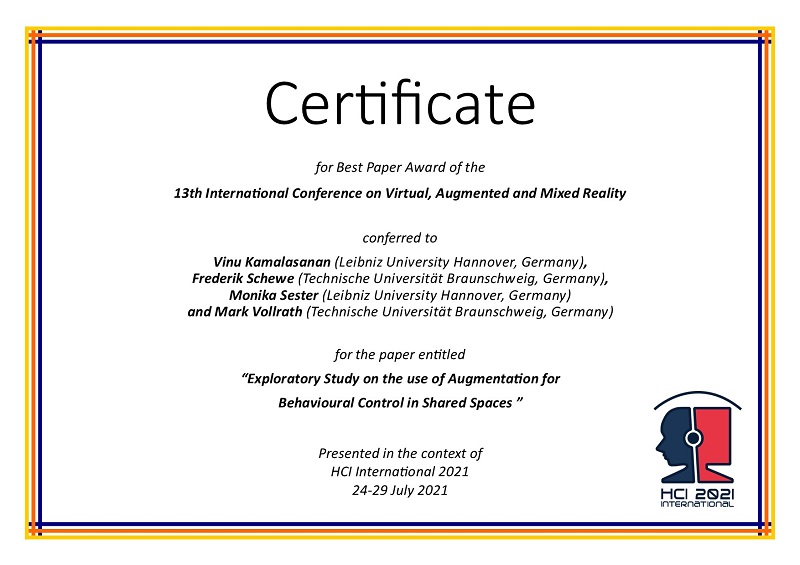Certificate for best paper award of the 13th International Conference on Virtual, Augmented and Mixed Reality. Details in text following the image