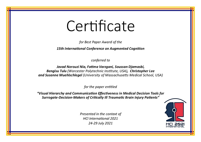 Certificate for best paper award of the 15th International Conference on Augmented Cognition. Details in text following the image