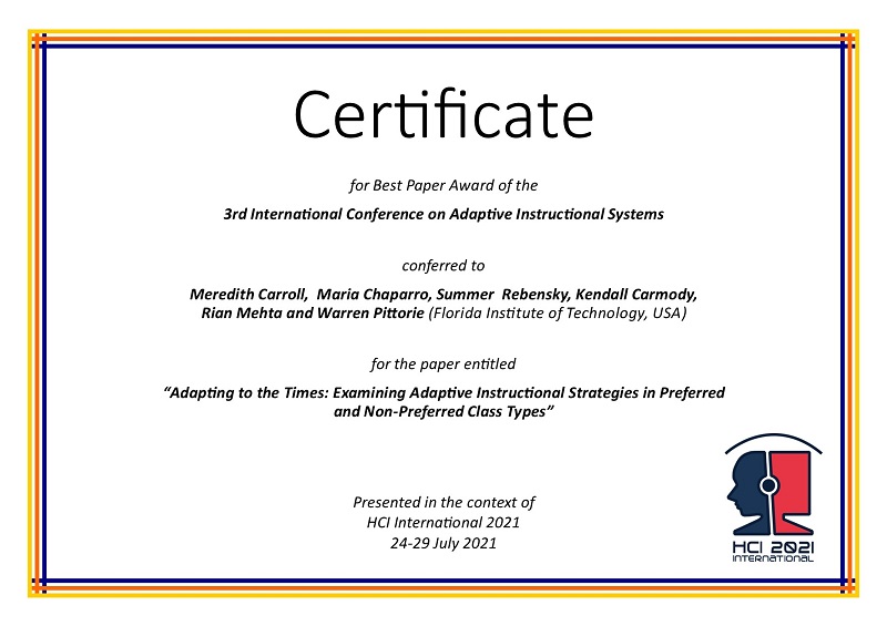 Certificate for best paper award of the 3rd International Conference on Adaptive Instructional Systems. Details in text following the image