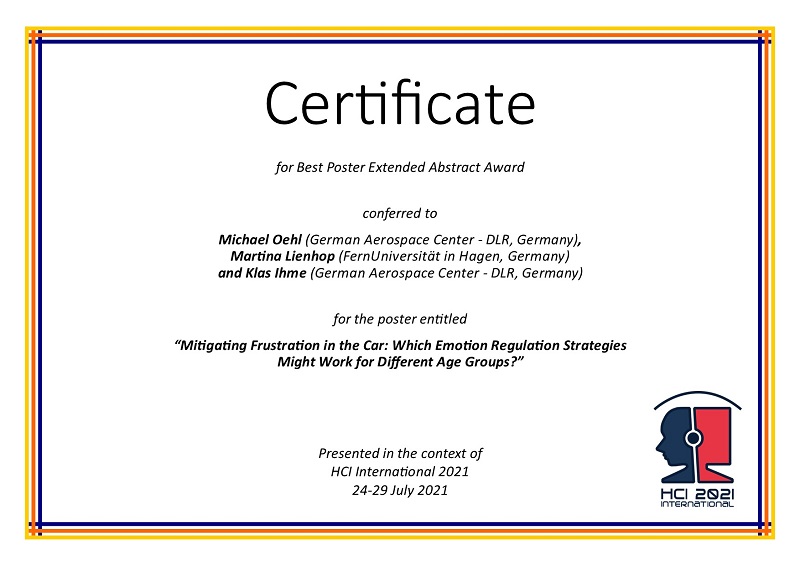 Certificate for Best Poster Extended Abstract Award. Details in text following the image