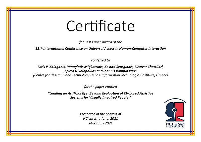 Certificate for best paper award of the 15th International Conference on Universal Access in Human-Computer Interaction. Details in text following the image