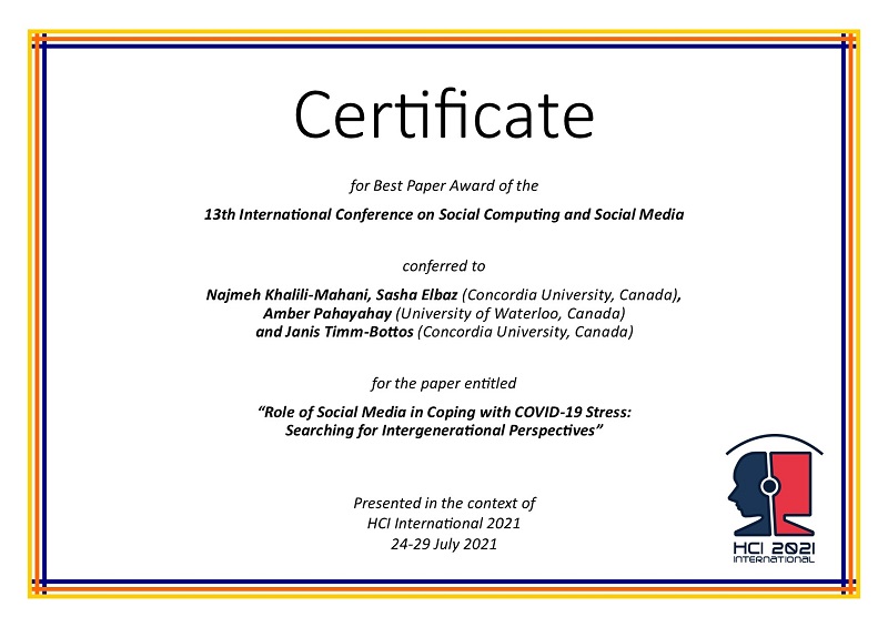 Certificate for best paper award of the 13th International Conference on Social Computing and Social Media. Details in text following the image