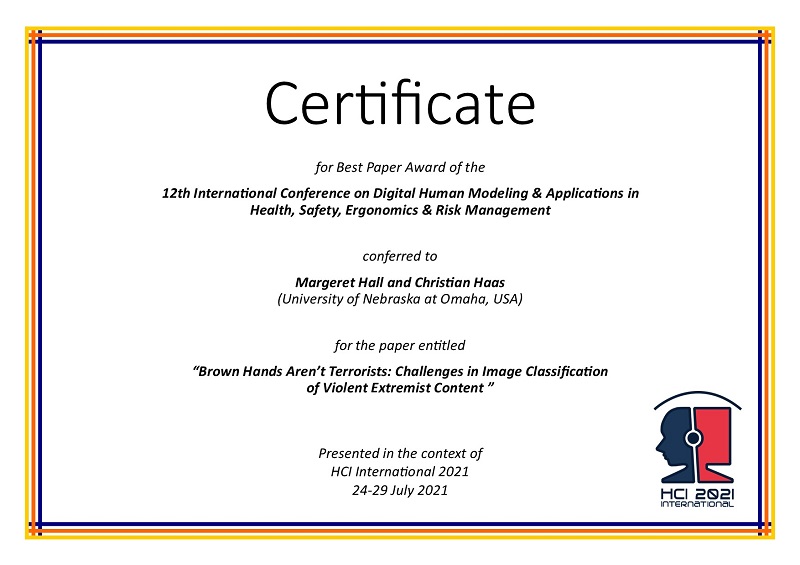 Certificate for best paper award of the 12th International Conference on Digital Human Modeling & Applications in Health, Safety, Ergonomics & Risk Management. Details in text following the image