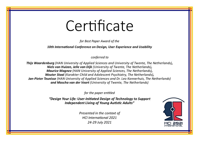 Certificate for best paper award of the 10th International Conference on Design, User Experience and Usability. Details in text following the image