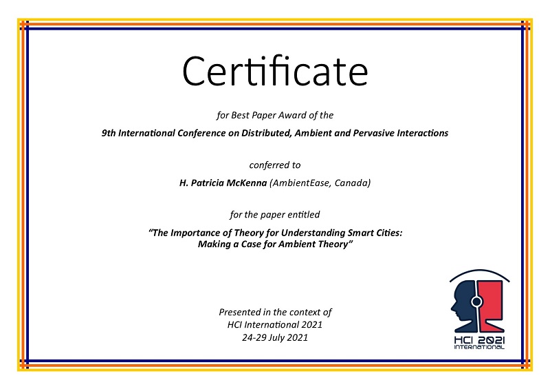 Certificate for best paper award of the 9th International Conference on Distributed, Ambient and Pervasive Interactions. Details in text following the image