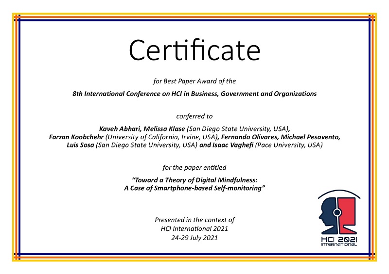 Certificate for best paper award of the 8th International Conference on HCI in Business, Government and Organizations. Details in text following the image