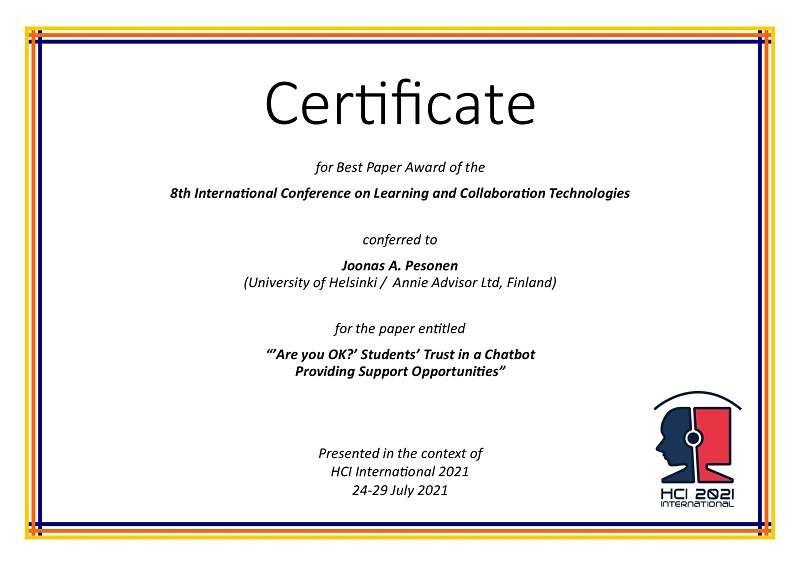 Certificate for best paper award of the 8th International Conference on Learning and Collaboration Technologies. Details in text following the image