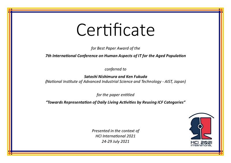 Certificate for best paper award of the 7th International Conference on Human Aspects of IT for the Aged Population. Details in text following the image