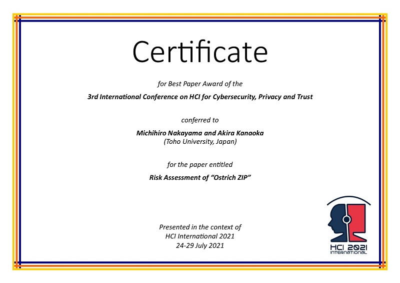 Certificate for best paper award of the 3rd International Conference on HCI for Cybersecurity, Privacy and Trust. Details in text following the image