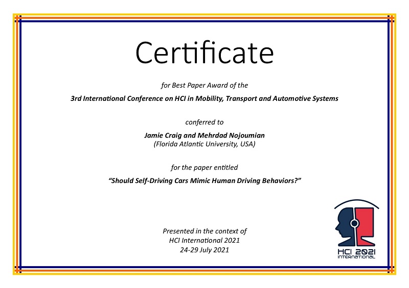 Certificate for best paper award of the 3rd International Conference on HCI in Mobility, Transport and Automotive Systems. Details in text following the image