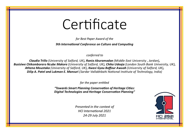 Certificate for best paper award of the 9th International Conference on Culture and Computing. Details in text following the image