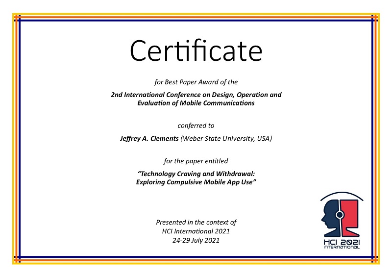 Certificate for best paper award of the 2nd International Conference on Design, Operation and Evaluation of Mobile Communications. Details in text following the image